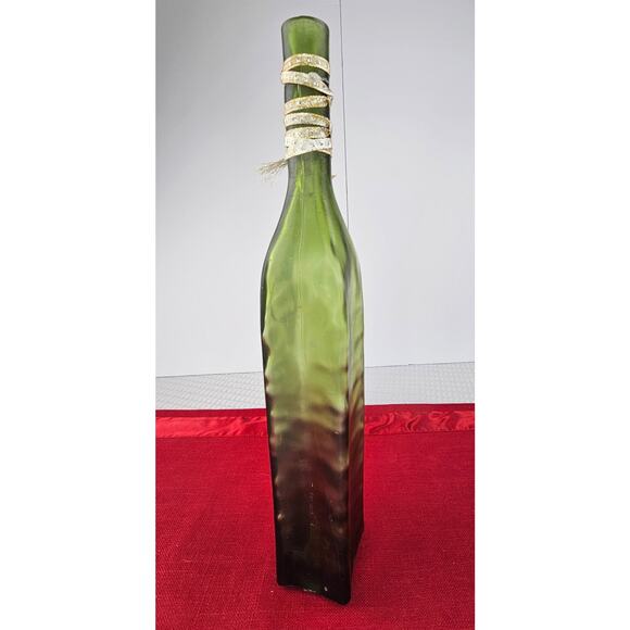 Vintage Eighteen Karat Frosted Square Green Glass Bottle With Ribbon on Neck. - Picture 3 of 7